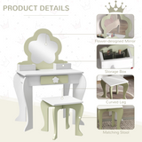 ZONEKIZ Kids Vanity Table Set with Stool, Mirror & Drawer, Flower Design – Girls Dressing Table, White