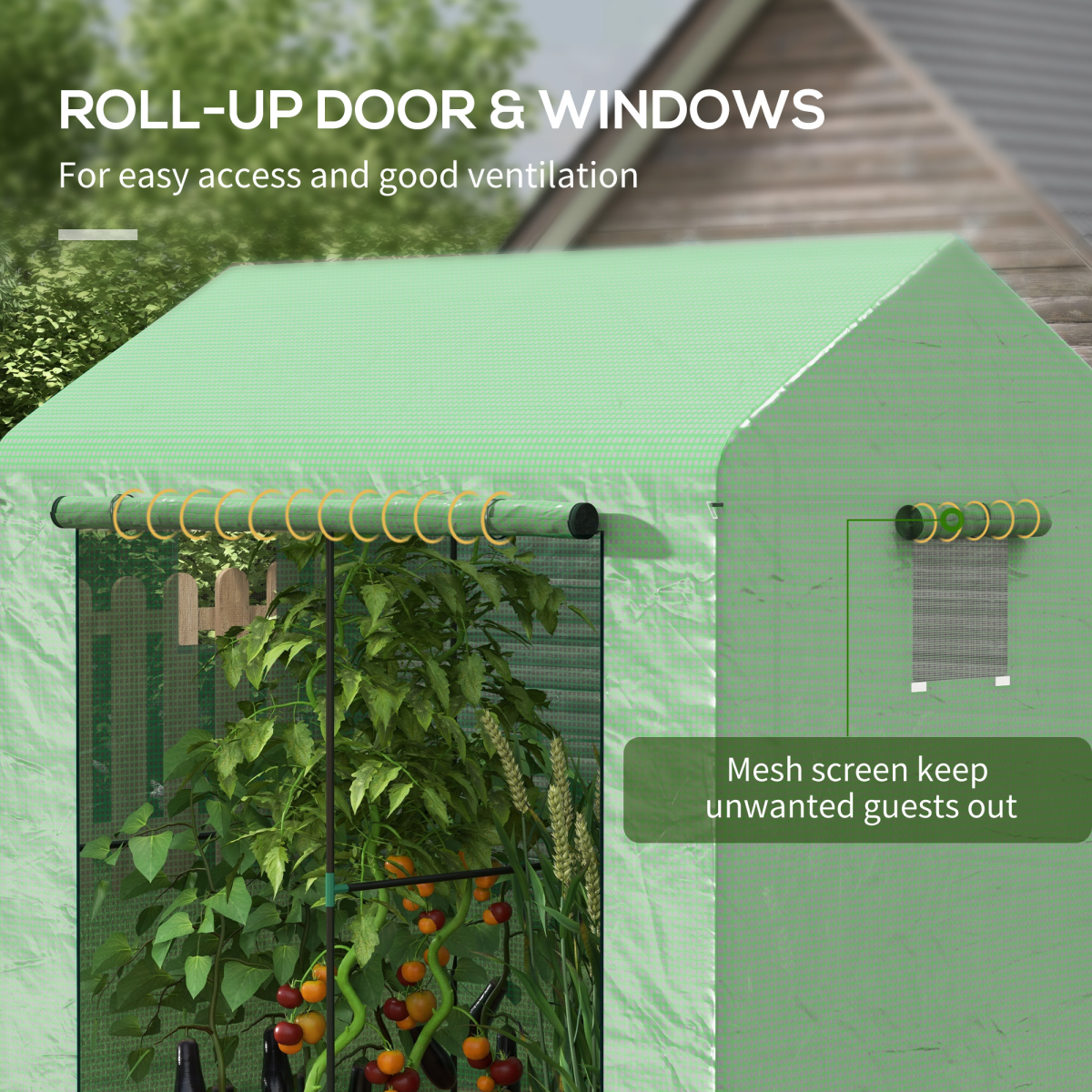 Outsunny 200x140x200cm Walk-In Greenhouse with Roll-Up Door & Mesh Windows – Two-Room Steel Frame Polytunnel, Green