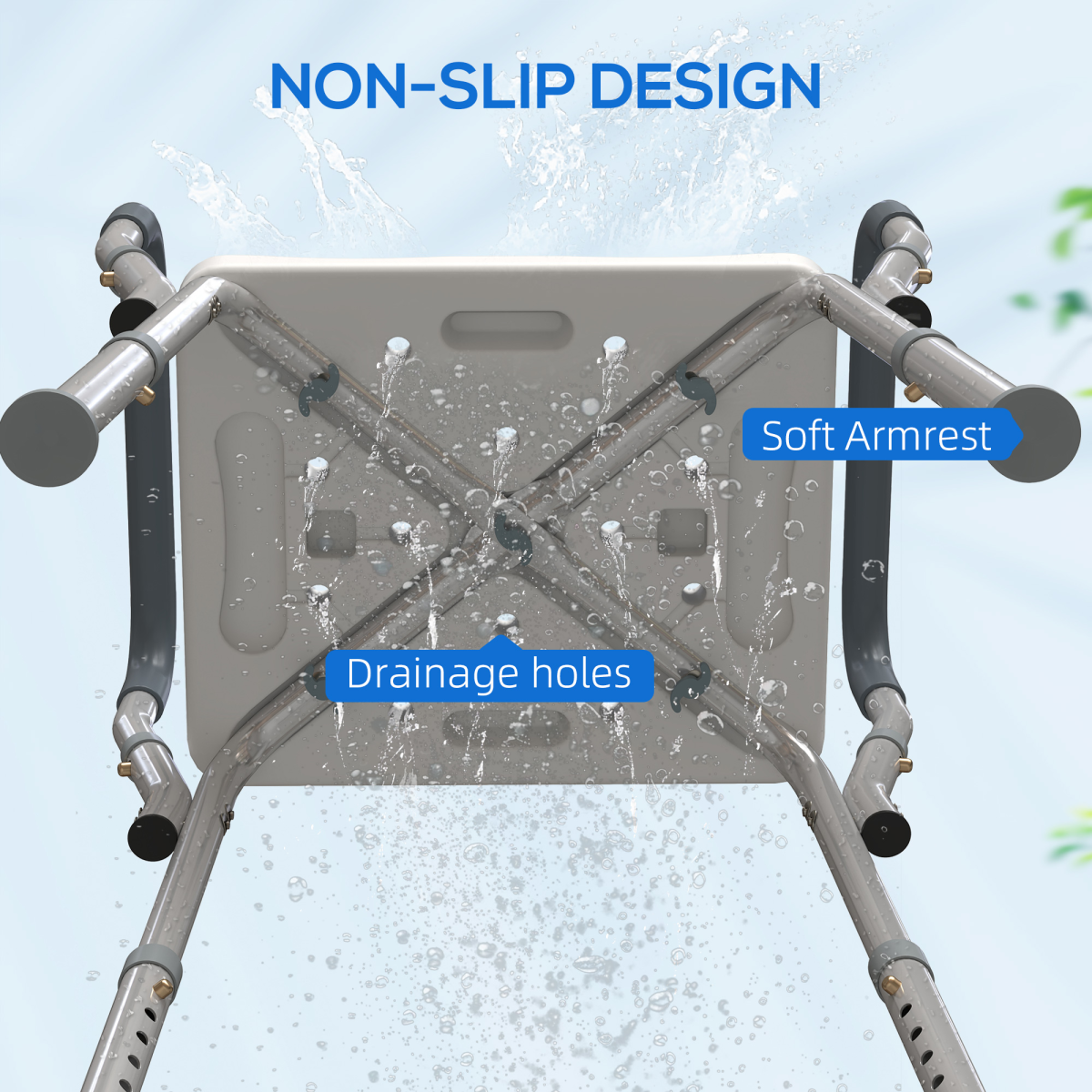 HOMCOM Rust-Free Aluminium Bath Chair with 6-Level Adjustable Height & Anti-Slip Mats – Light Blue