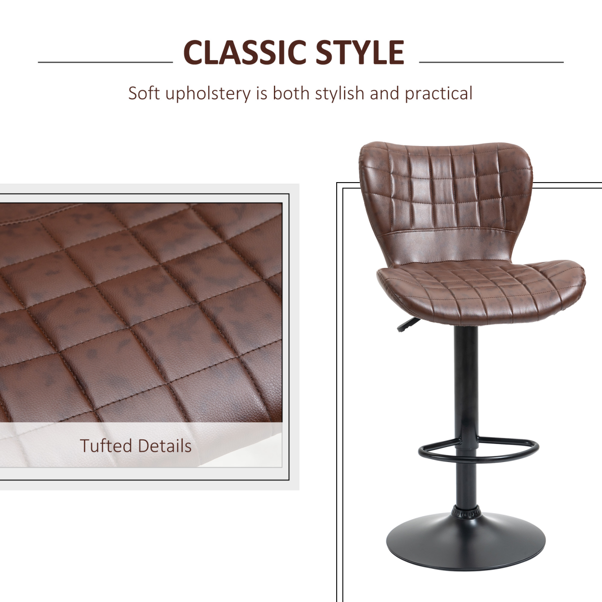 HOMCOM Adjustable Swivel PU Leather Bar Chairs with Backrest & Footrest – Set of 2, Brown