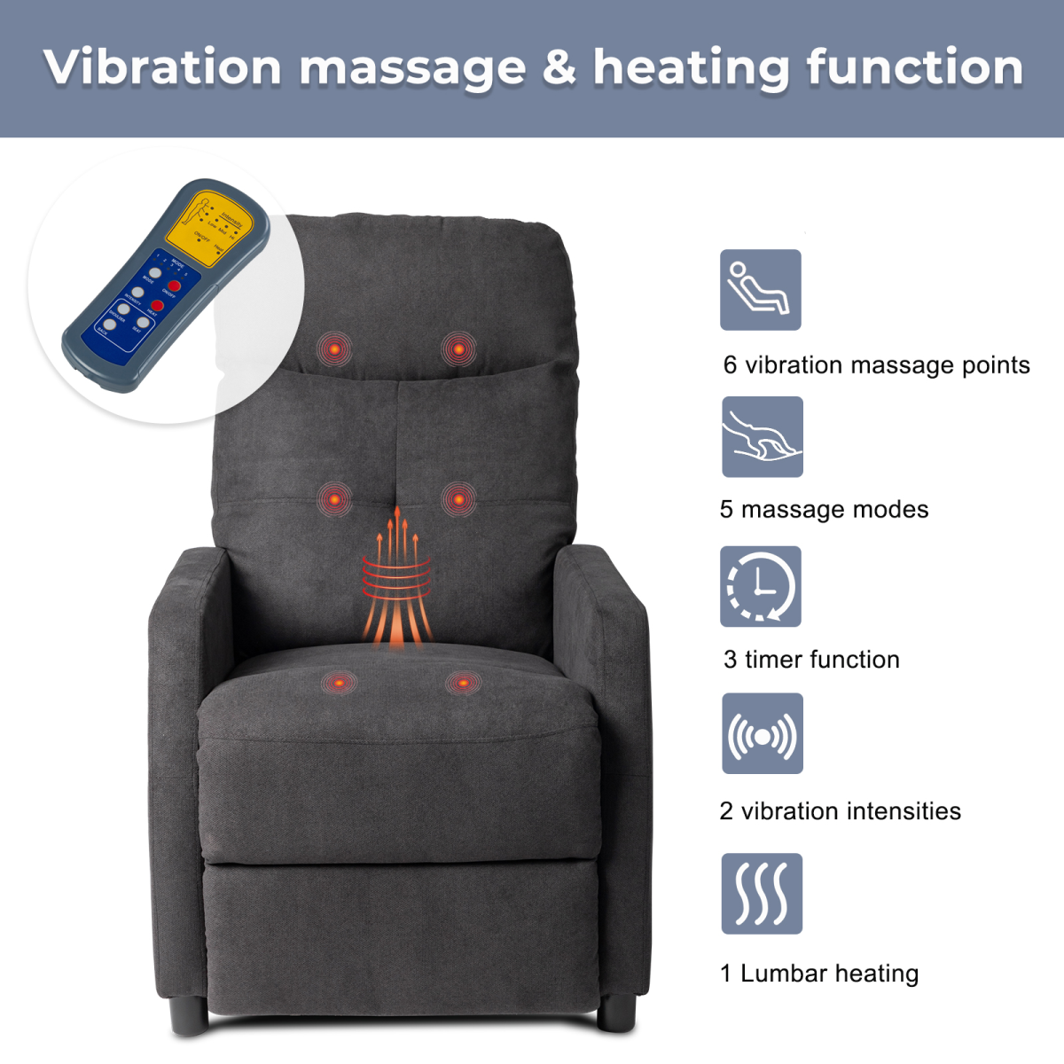 Electric Massage Recliner Chair with 6-Point Vibration & Heat – Home Lounge TV Chair, Black Fabric