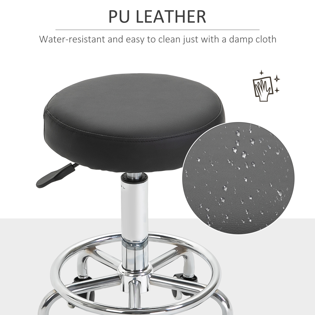 Outsunny Adjustable Salon Stool with PU Leather Seat and Footrest – Backless Saddle Stool on 5 Castors