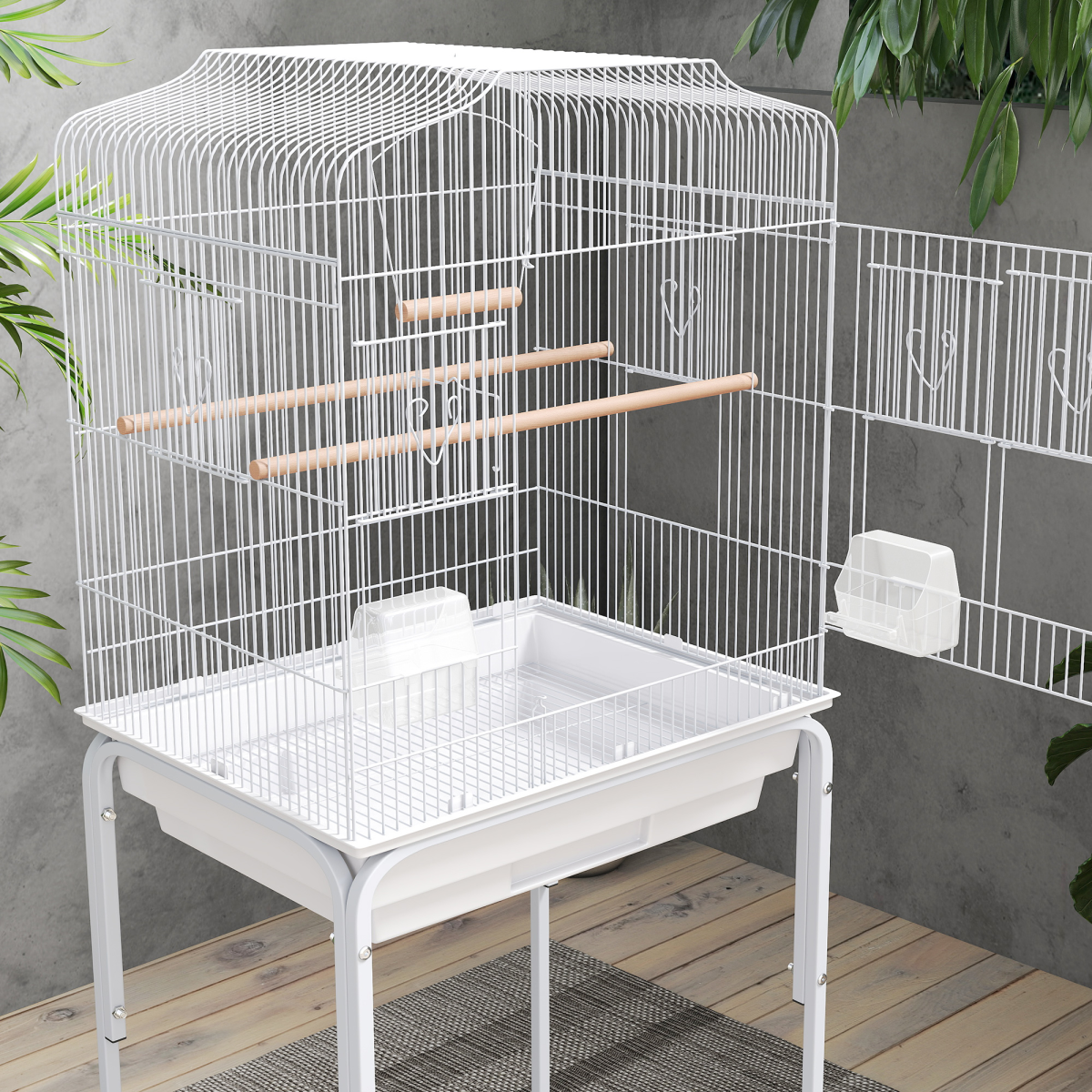 Bird Cage Starter Kit with Detachable Rolling Stand, Perches, Swing & Storage Basket – White