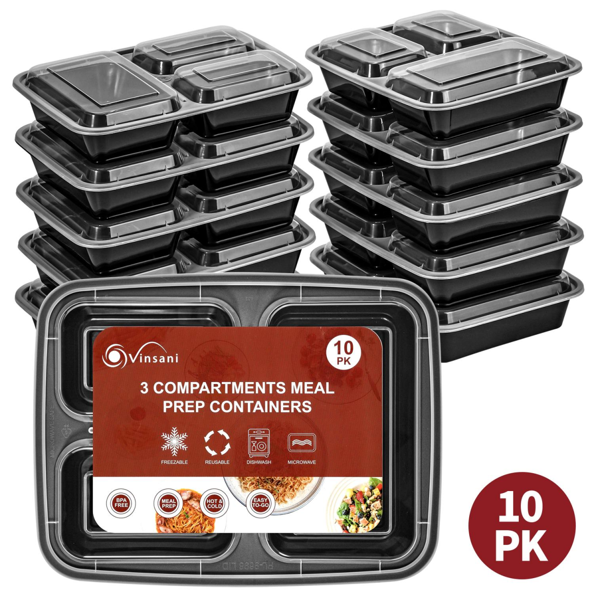 VINSANI 3-Compartment Meal Prep Containers with Airtight Lids – 2 x 10 Pack, 20 Total