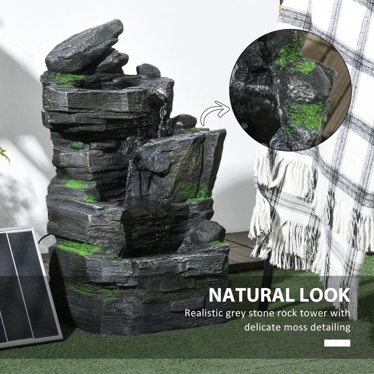 Outsunny Solar Powered Four-Tier Garden Fountain with 3 LED Lights – Outdoor Water Feature, Dark Grey and Green