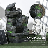 Outsunny Solar Powered Four-Tier Garden Fountain with 3 LED Lights – Outdoor Water Feature, Dark Grey and Green