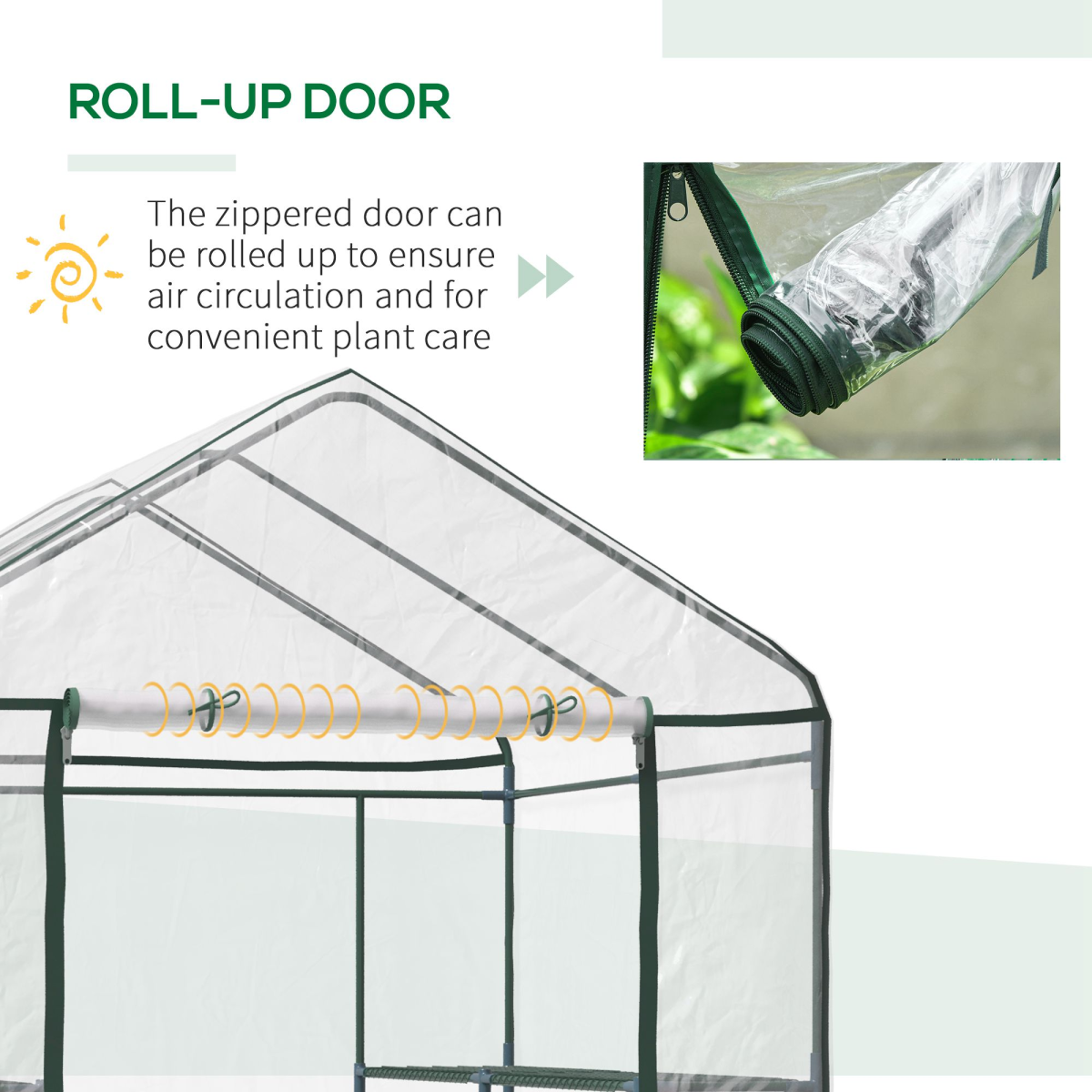 Outsunny Steel Frame Greenhouse with 2 Shelves & 8 Grid Rack – Zippered Roll-Up Door, Clear PVC Cover