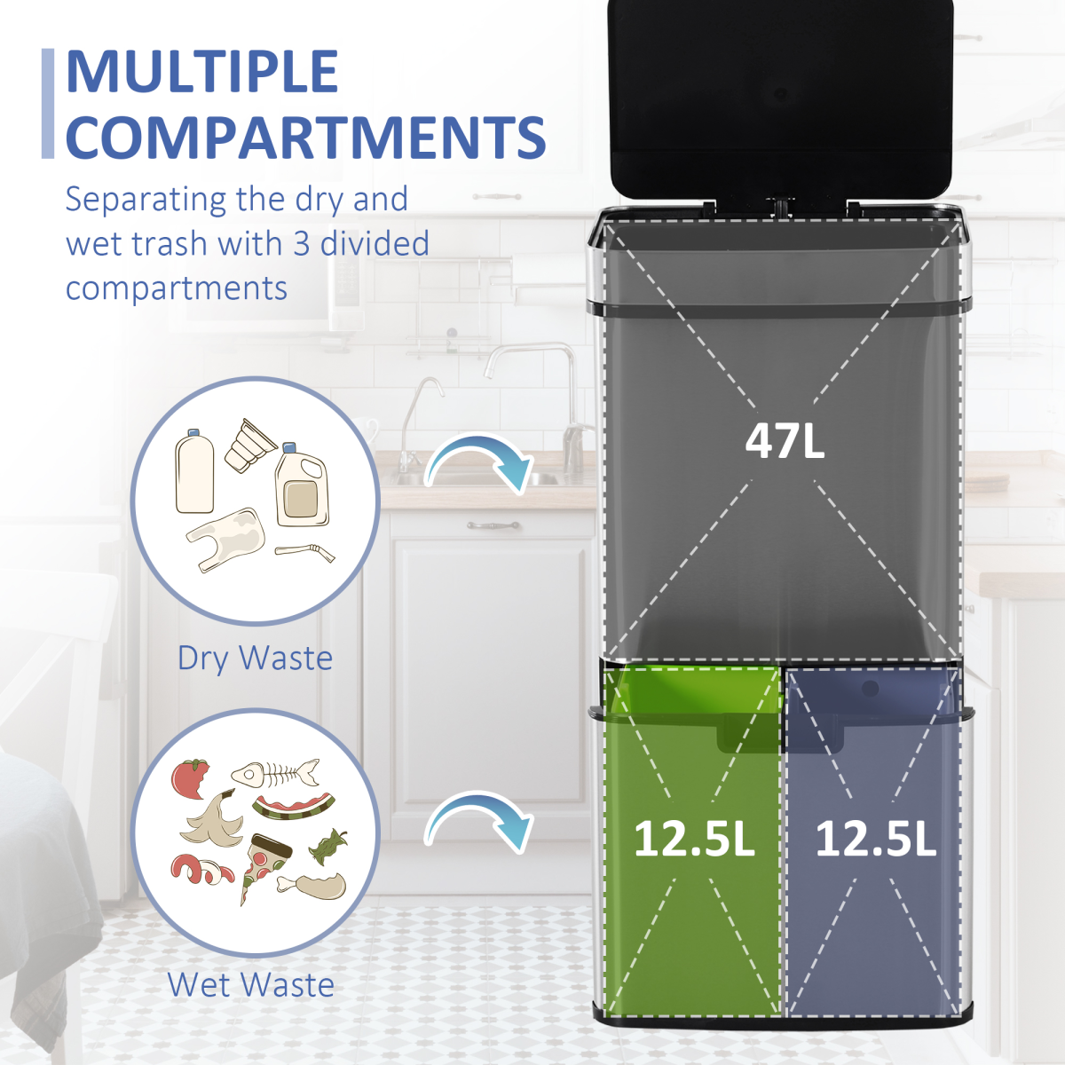 HOMCOM 3-Compartment Motion Sensor Recycling Bin with Removable Lid – Stainless Steel Kitchen Waste Sorter