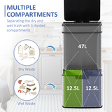 HOMCOM 3-Compartment Motion Sensor Recycling Bin with Removable Lid – Stainless Steel Kitchen Waste Sorter