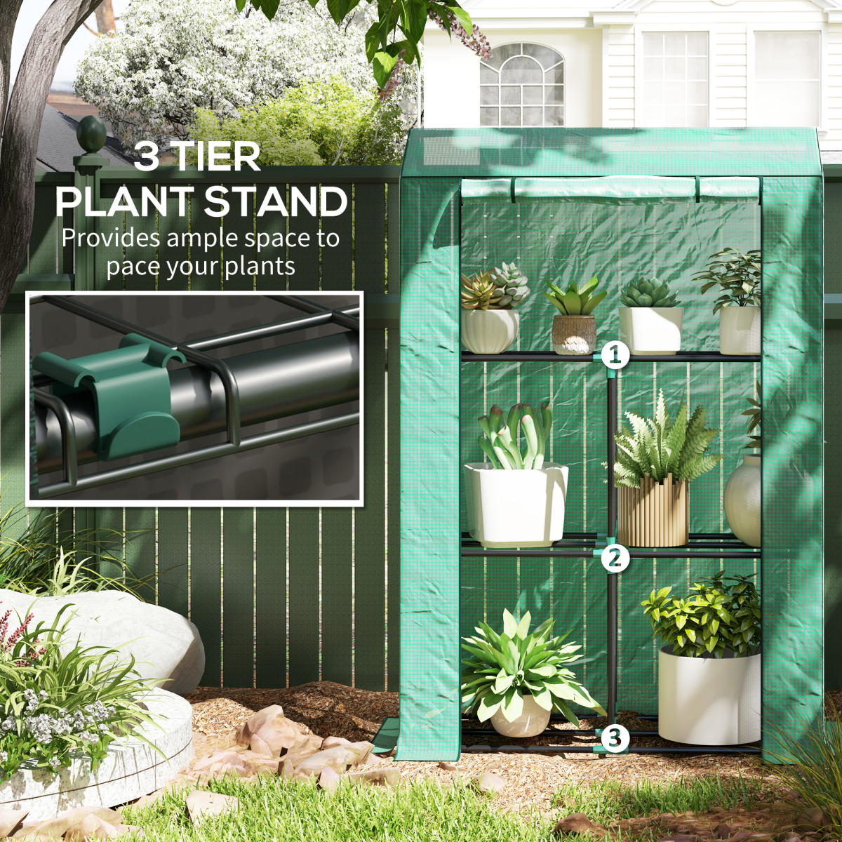 Mini Greenhouse with 3-Tier Shelf & Roll-up Zipped Door – Steel Frame Plant Grow House, 100 x 40 x 150cm, Green
