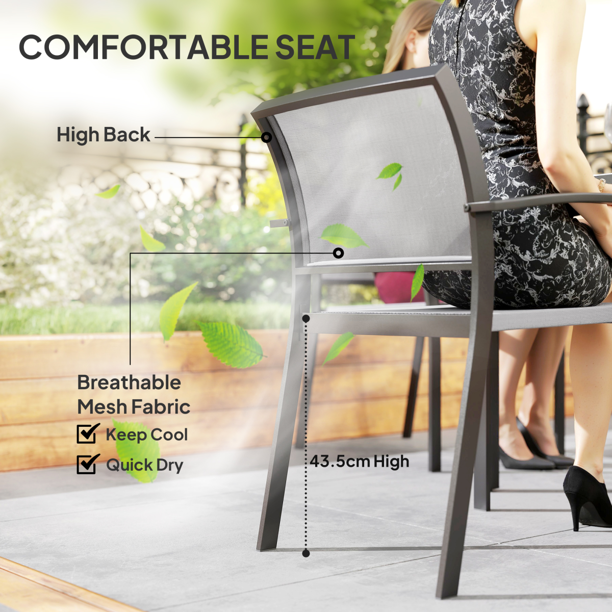 Outsunny 5-Piece Garden Furniture Set with Square Table & 4 Stackable Armchairs – Steel Frame, Grey