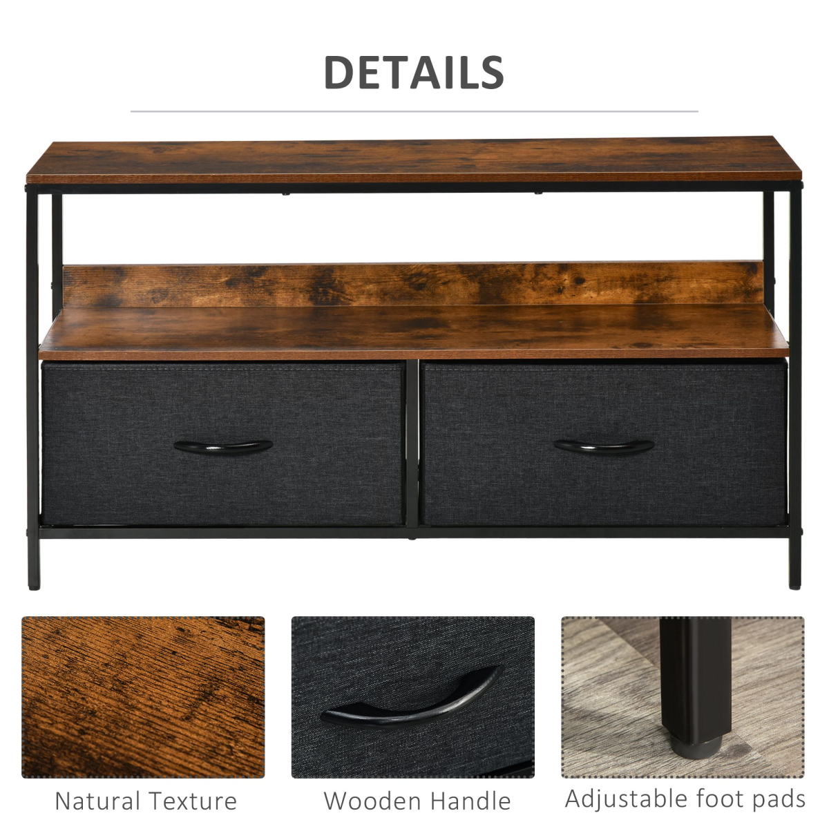 HOMCOM TV Cabinet with 2 Foldable Linen Drawers & Open Shelf – Living Room Media Storage, Rustic Brown