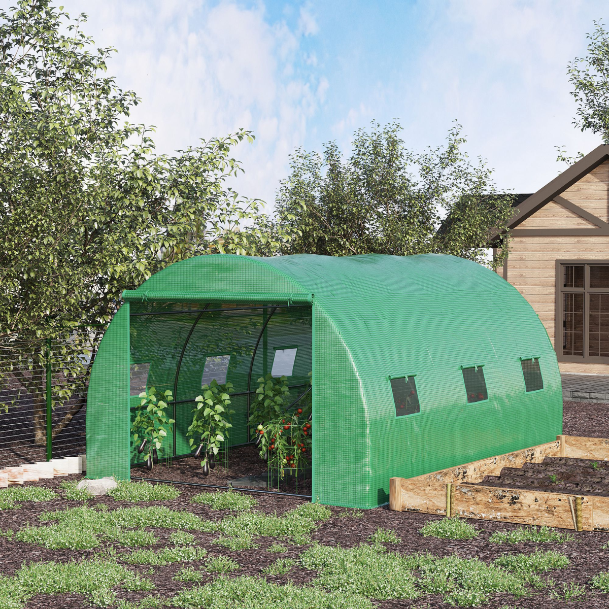 Walk-in Polytunnel Greenhouse with Zipped Door & Roll-up Windows – Galvanised Steel Frame, 300 x 397 x 200cm, Green