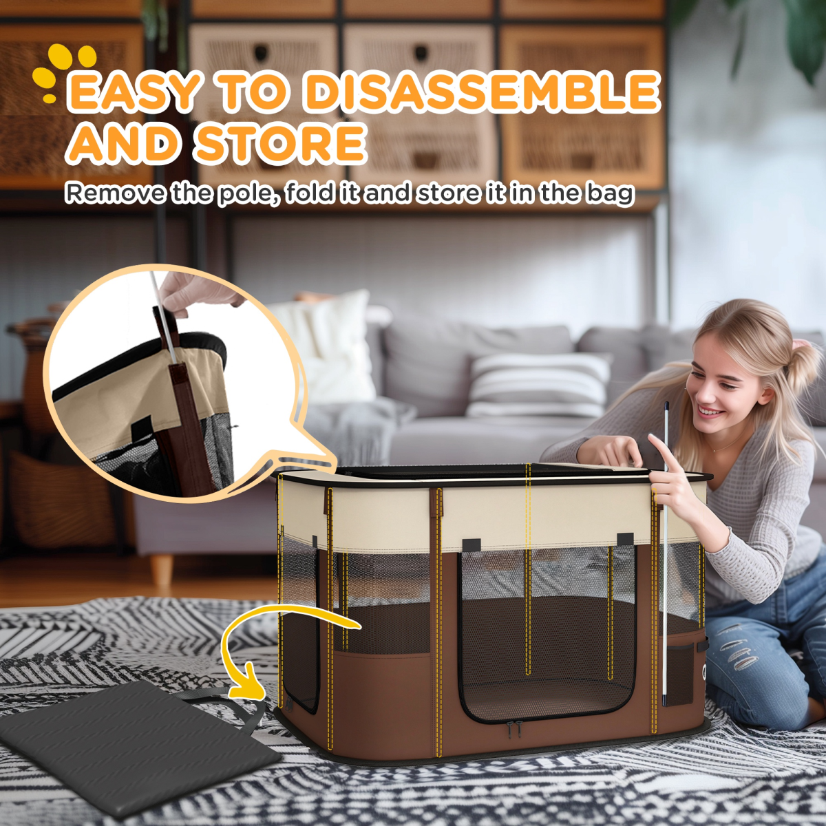 PawHut Portable Foldable Pet Playpen with Mesh Windows & Storage Bag – Dog, Rabbit & Kitten Run, Brown, 84cm