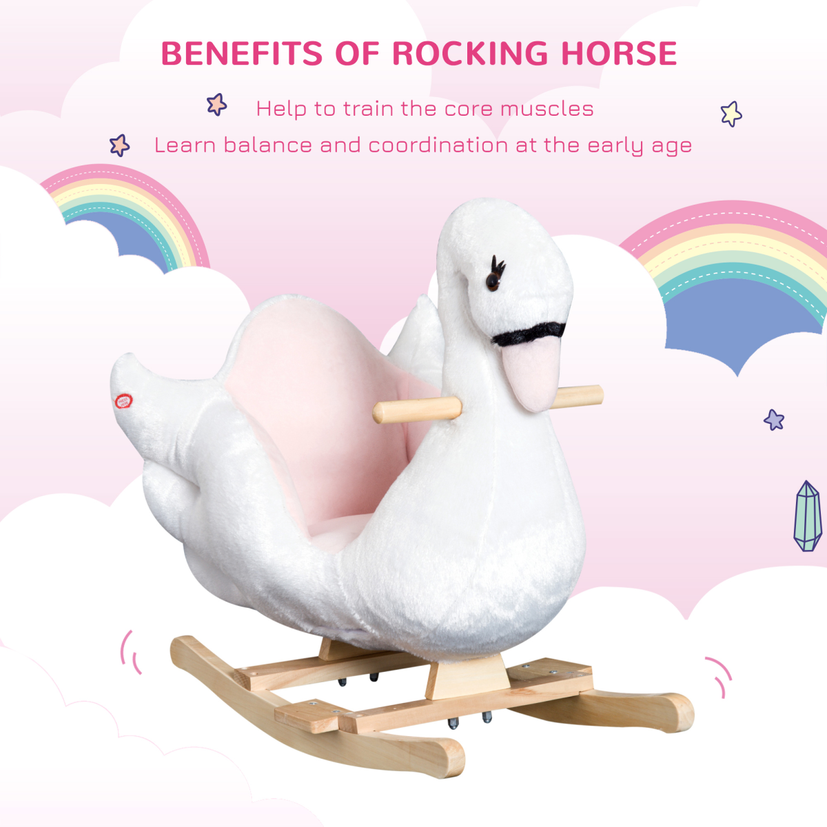 HOMCOM Kids Ride-On Rocking Swan with Music and Safety Seat – Plush Toddler Rocker, 18 Months+