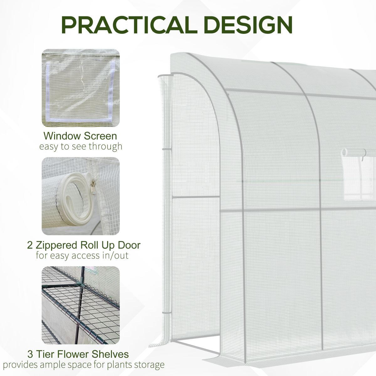 Outsunny Walk-In Lean-To Greenhouse with 4 Shelves, Windows & Doors – Steel Frame, PE Cover, White
