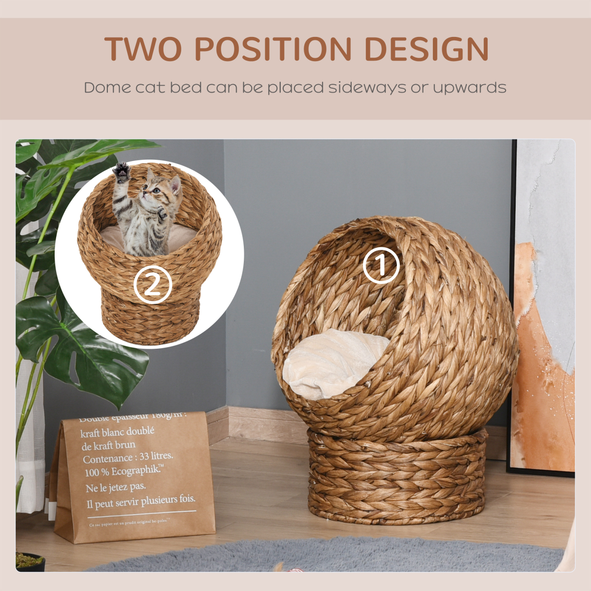 PawHut Elevated Hooded Rattan Cat House with Cushion, Water Hyacinth – Cat Basket Bed, Brown
