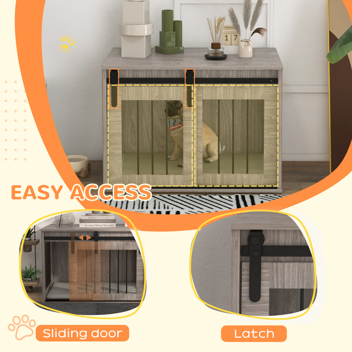 PawHut Dog Crate Furniture with Removable Cushion and Sliding Barn Door, Side Table for Medium Dogs – Brown