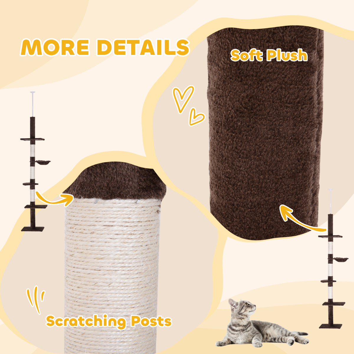 PawHut Floor to Ceiling Cat Tree with 5 Tiers & Scratching Post – Adjustable 230-260cm Kitty Tower, Brown