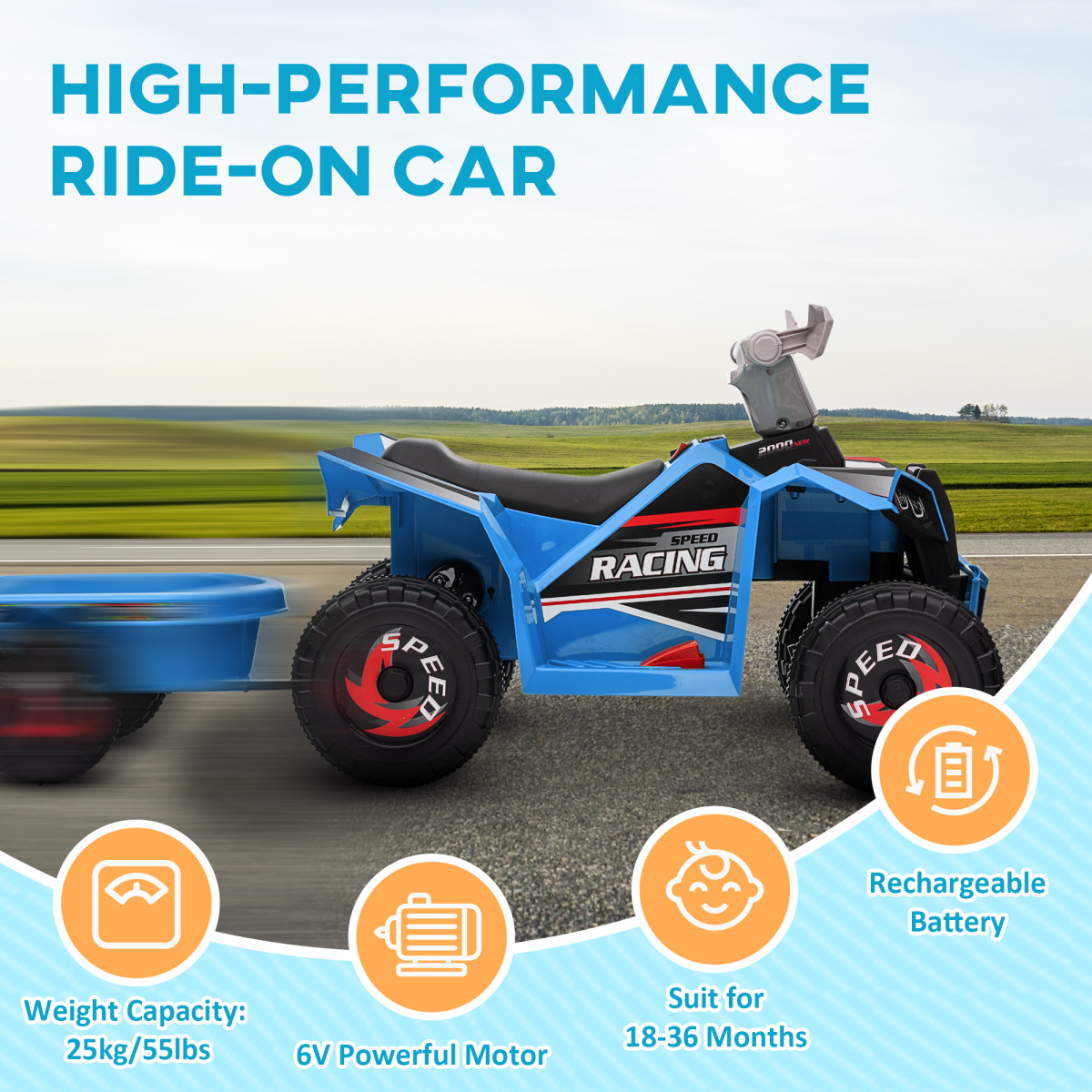 HOMCOM 6V Kids Electric Quad Bike with Back Trailer – Ride-On ATV for 18-36 Months, Pedal Drive, Blue