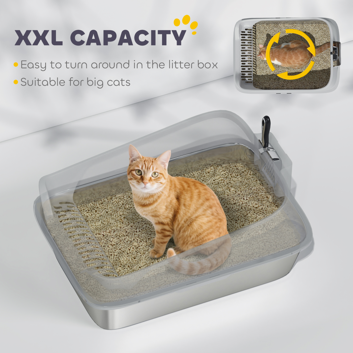 XXL Stainless Steel Cat Litter Box with Scoop, 14.8cm High Sides – Large Litter Tray for Cats up to 12kg & Multi-Cat Homes, Grey