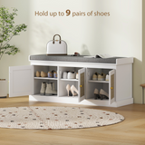 HOMCOM Shoe Storage Bench with Rattan Doors and Seat Cushion – Boho Entryway Shoe Cabinet Bench, White and Grey