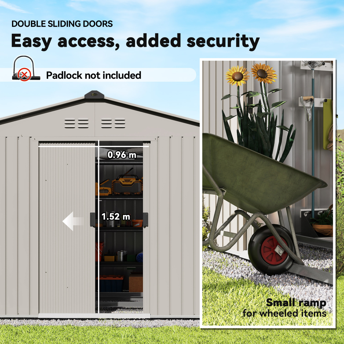 Outsunny 9x6ft Galvanised Steel Garden Shed with Sliding Lockable Double Door & Vents – Tool Storage, Silver Grey