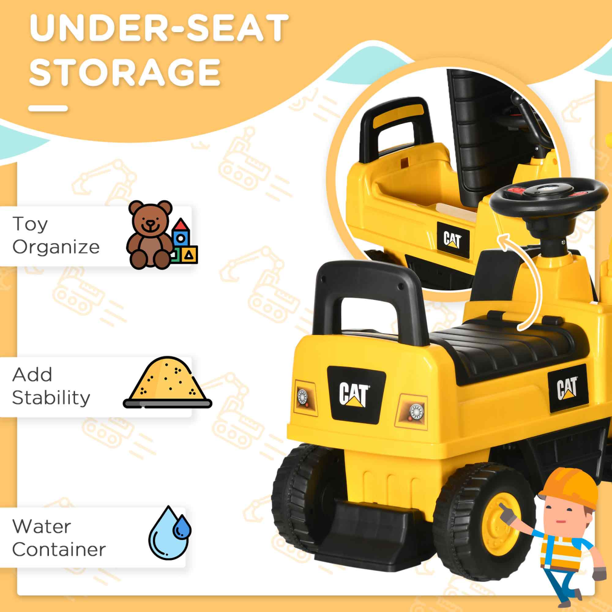 HOMCOM CAT Licensed Kids Ride-On Digger with Controllable Shovel and Under-Seat Storage – For 1-3 Years