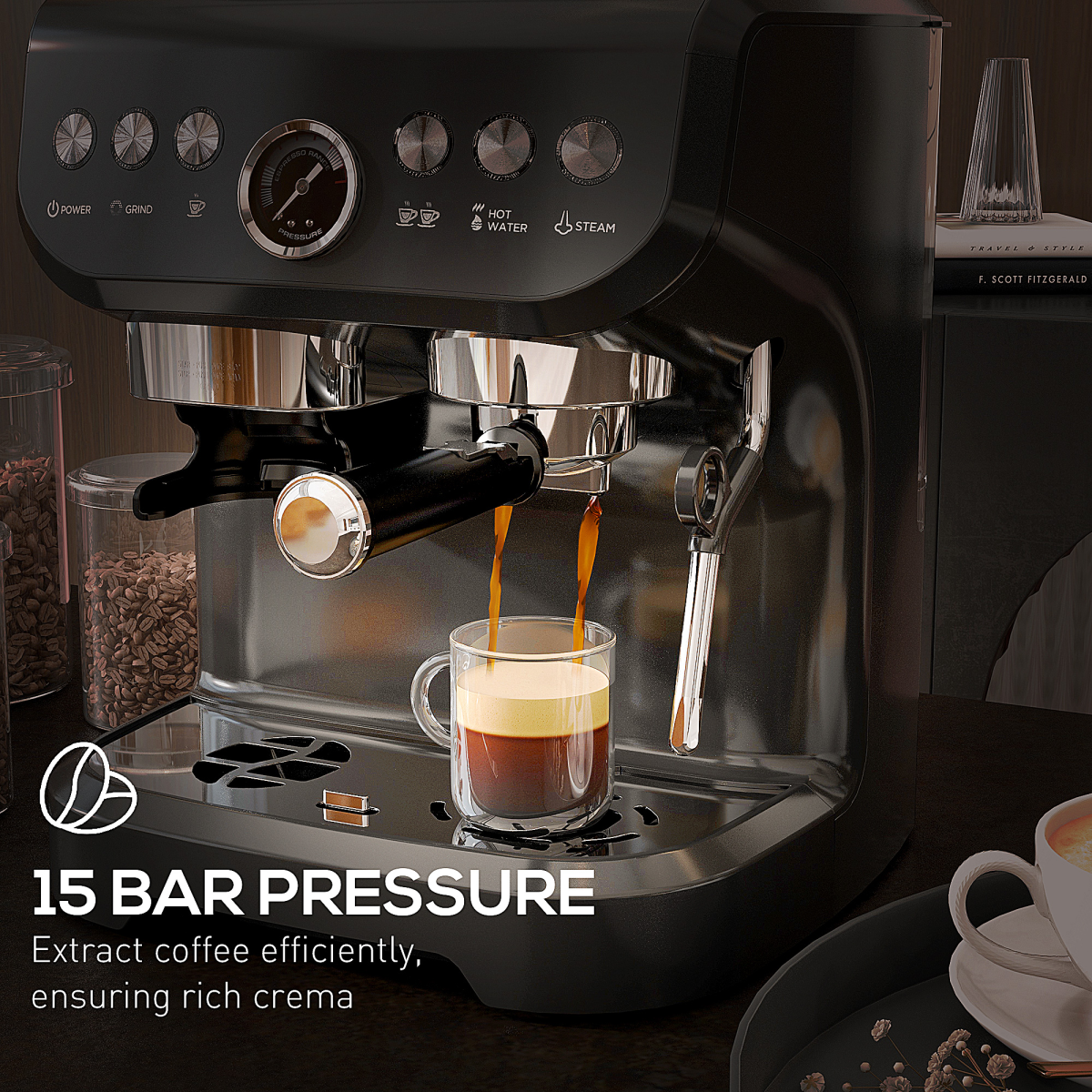HOMCOM Espresso Coffee Machine with Integrated Bean Grinder & Steam Wand – 15 Bar Pressure, Black