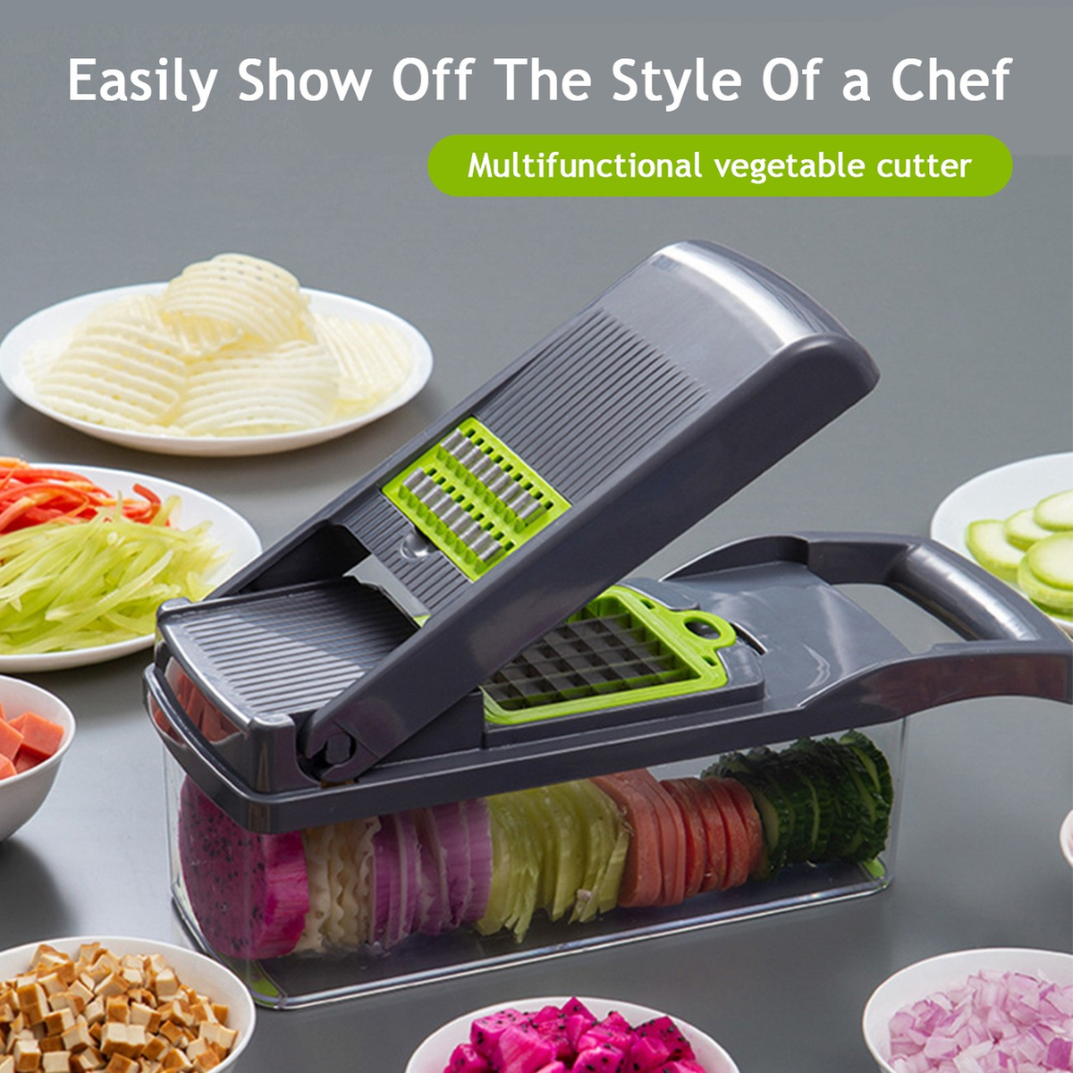 15-in-1 Vegetable Fruit Chopper with 1.5L Container & Drain Basket – Onion Dicer, Kitchen Slicer, Green & Grey