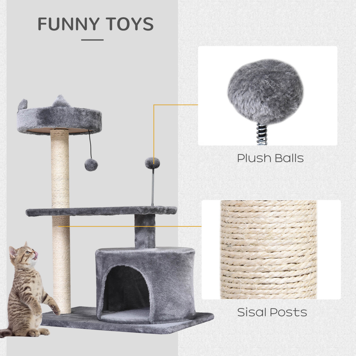 PawHut 81cm Cat Tree with Scratching Posts, Hide-Away Hut and Play Balls – Kitten Activity Tower