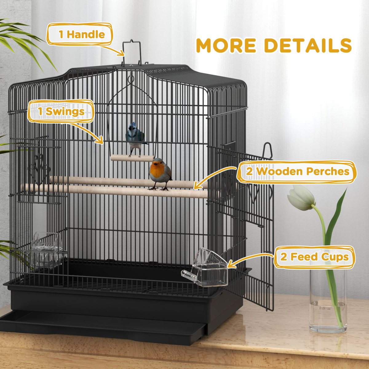 PawHut 59cm Large Bird Cage with Stand, Perches, Food Bowls & Swing – Powder-Coated Steel Aviary, Black
