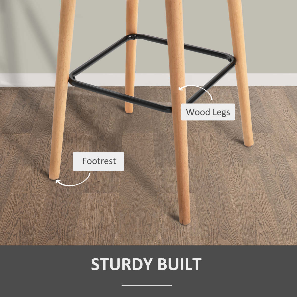 HOMCOM Modern Fabric Bucket Seat Bar Stools with Solid Wood Legs & Footrest – Breakfast Bar Seating, Beige