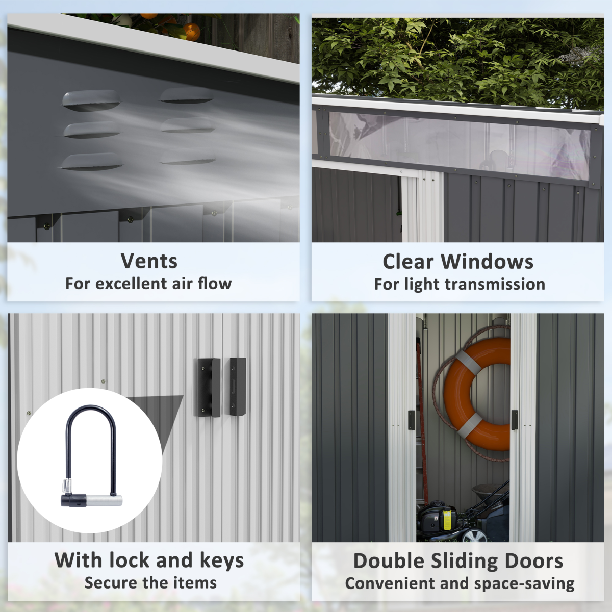 Metal Garden Shed with Lockable Sliding Doors, Windows & Foundation Kit – Bike & Tool Store, Charcoal Grey