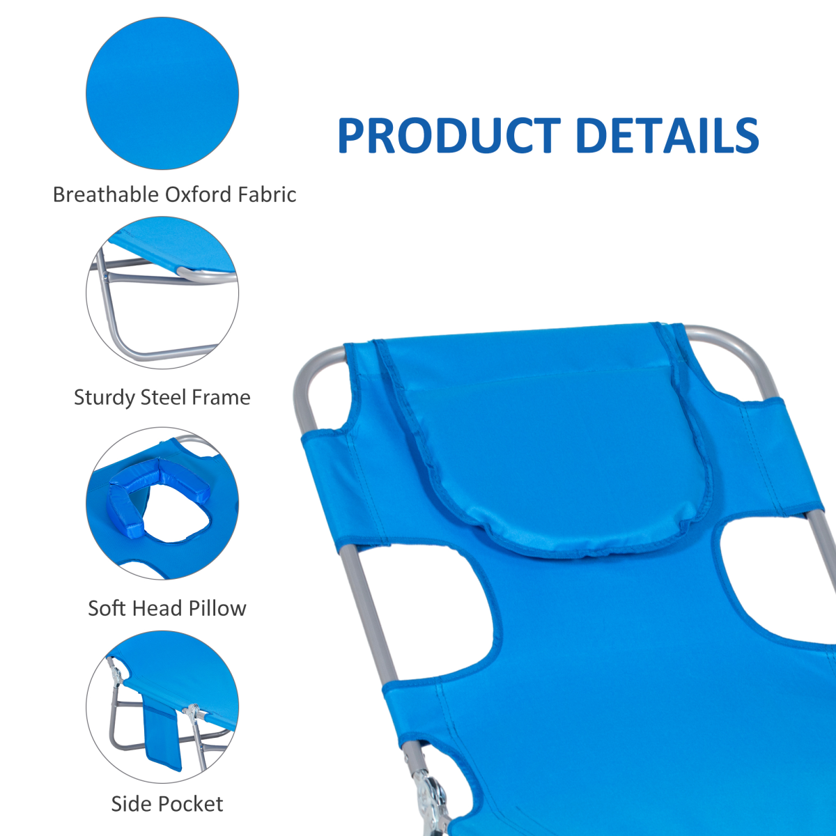 Outsunny Portable Beach Chaise Lounge with Face Cavity & Arm Slots – Reclining Sun Lounger with 5 Positions, Blue