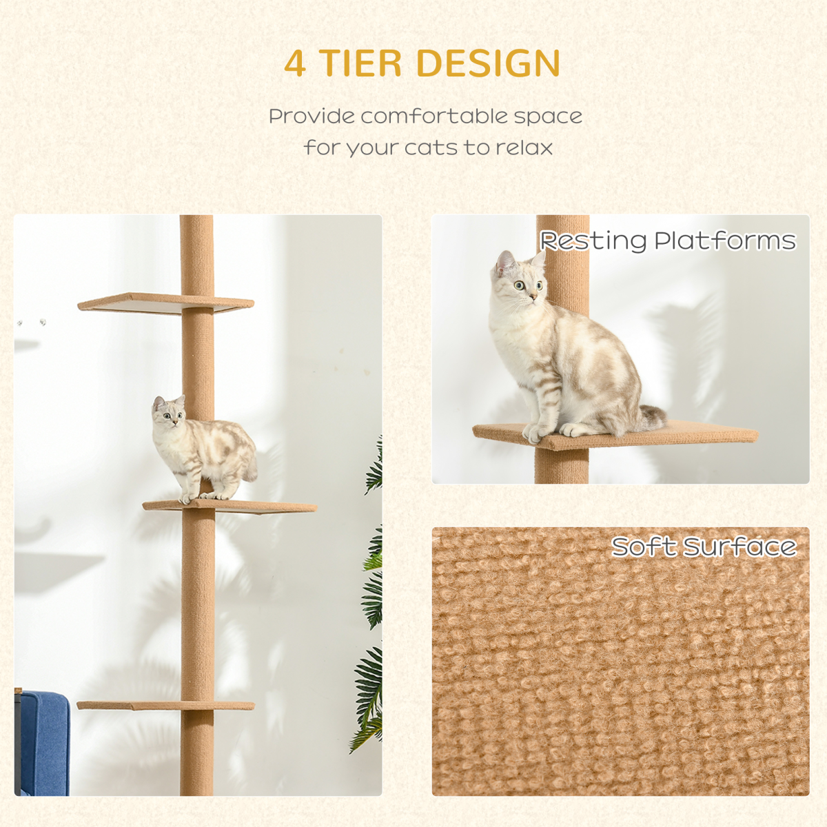 PAWHUT 260cm Floor-to-Ceiling Cat Tree with Four Platforms & Adjustable Height – Indoor Climbing Tower, Brown