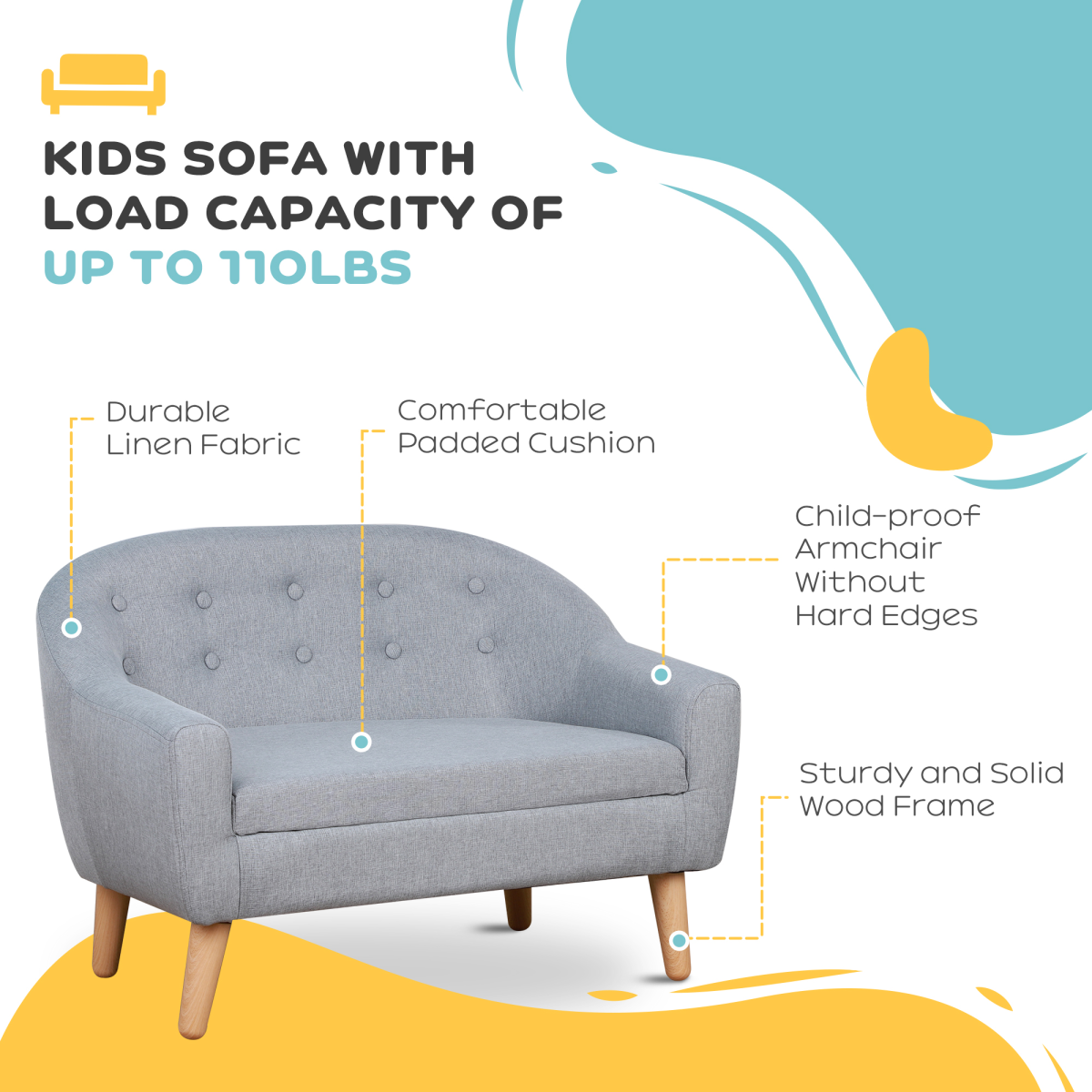 HOMCOM Kids Mini Sofa Armchair with Padded Seat and Tapered Feet – Bedroom & Playroom Seating for Ages 3-7, Grey