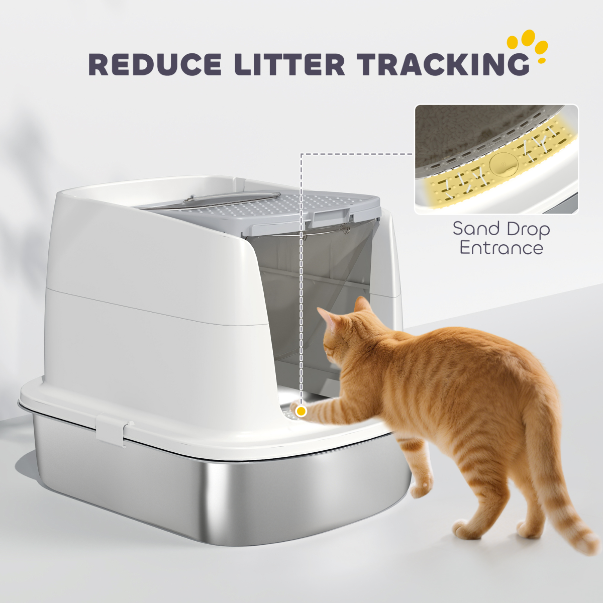 PawHut Enclosed Stainless Steel Cat Litter Box with Scoop, Front Entry & Top Exit – Scratch-Proof Litter Tray for Cats up to 5kg, White