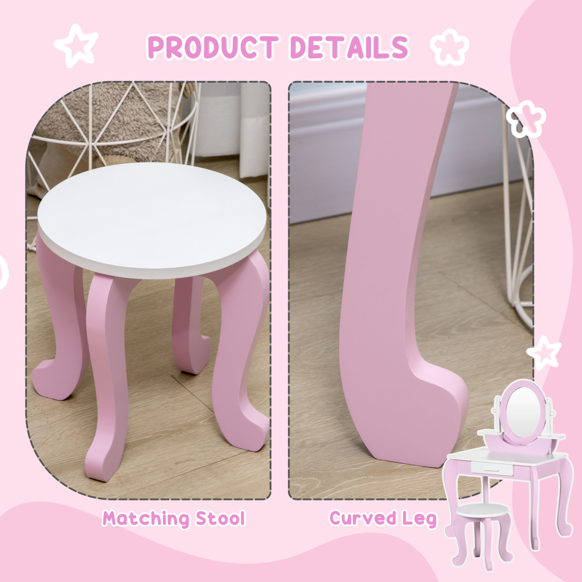 ZONEKIZ Kids Dressing Table with Mirror, Stool & Storage Drawer – Pink Vanity Set for Ages 3-6