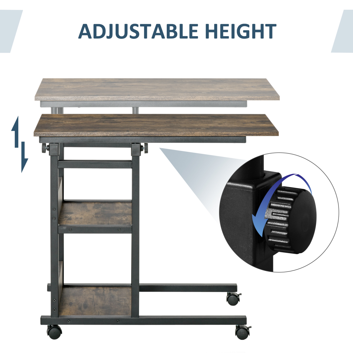 C-Shaped Mobile Side Table with 3 Tiers, Adjustable Height & Lockable Wheels – Sofa, Bed & Bar Cart