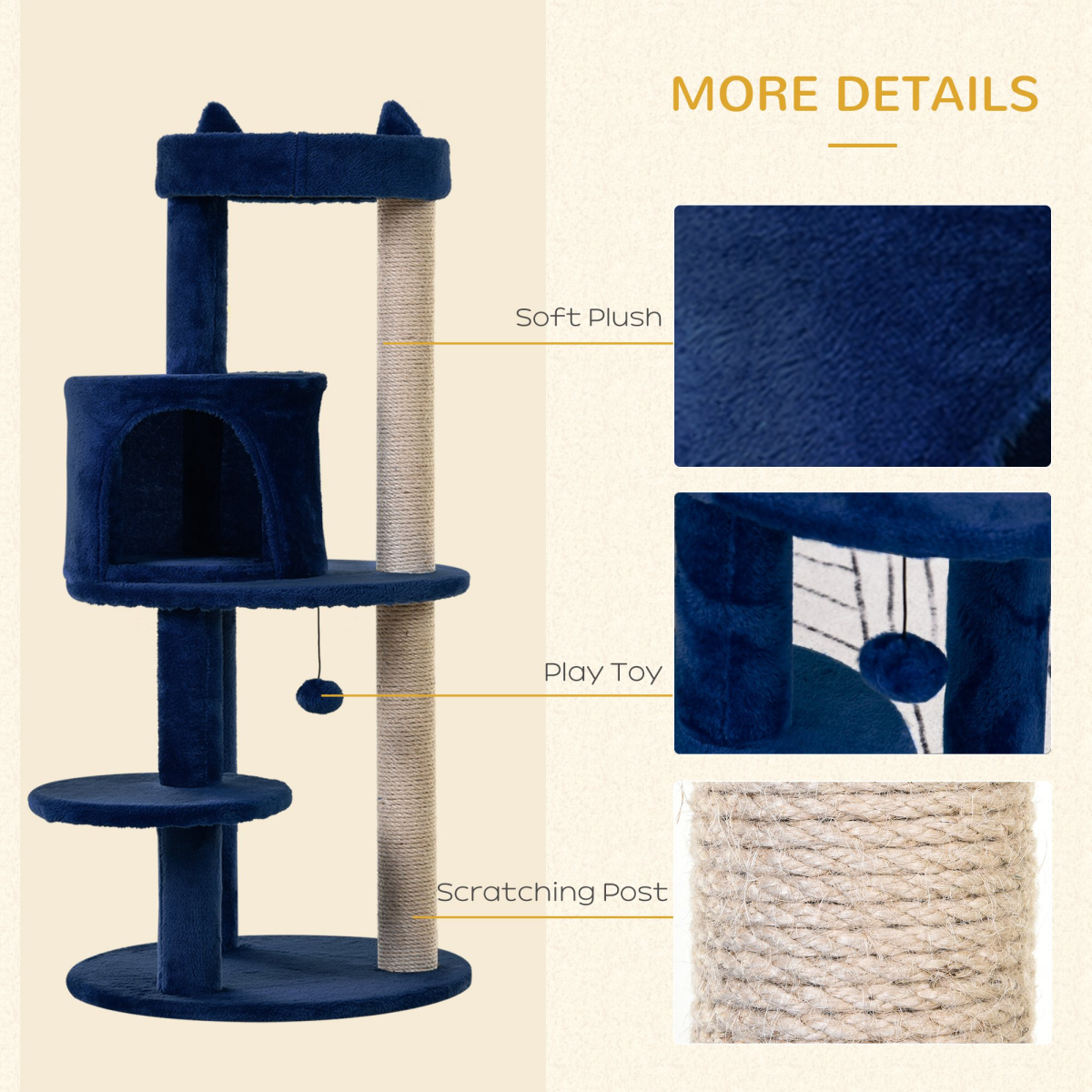 Pawhut 104cm Deluxe Cat Activity Tree with Scratching Posts, Ear Perch & Cosy House – Blue
