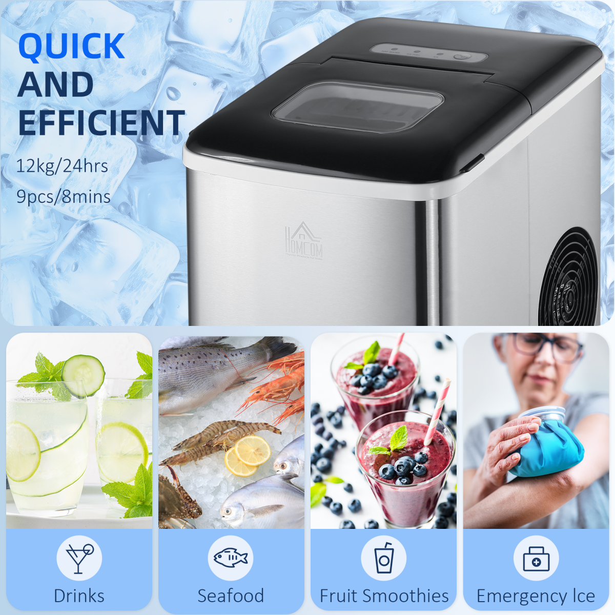 HOMCOM Portable Countertop Ice Maker with 9 Bullet-Shaped Cubes per Cycle – No Plumbing Required, Black