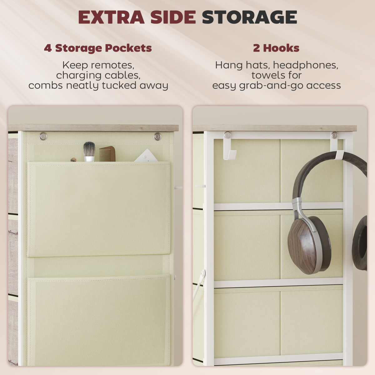 10-Drawer Fabric Chest of Drawers with Side Pockets & Hooks, Steel Frame, 86 x 30 x 94.5 cm – Natural Wood & White