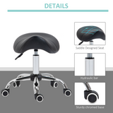 PU Leather Saddle Stool with Padded Seat & 5 Wheels – Adjustable Height Salon Stool, Black