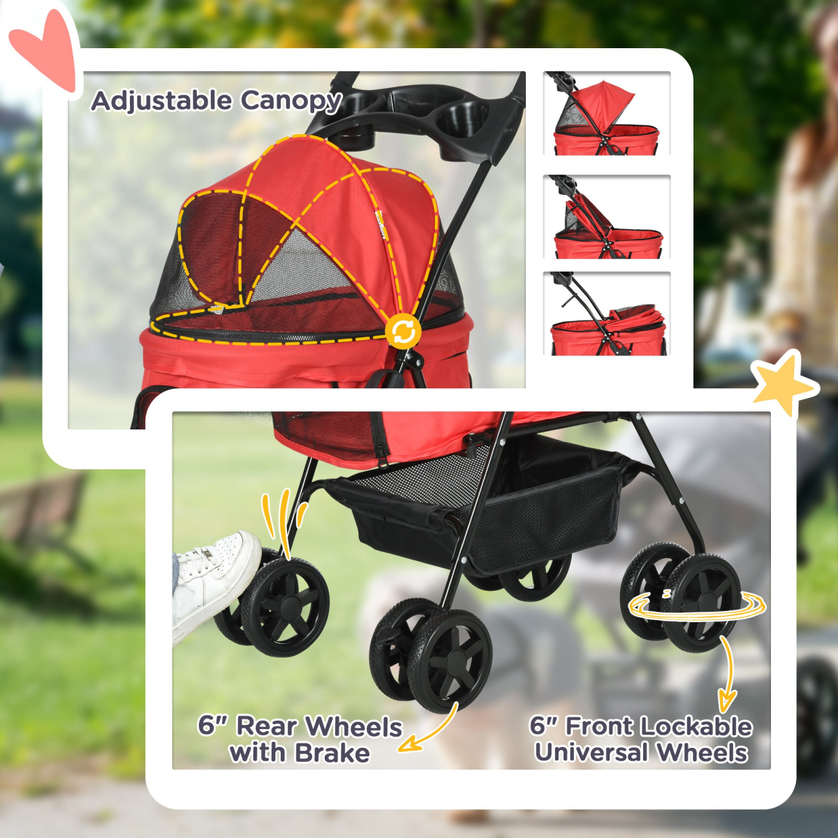 Foldable Pet Stroller with Brakes, Adjustable Canopy, Basket & Safety Leashes – Travel Carriage for Mini Dogs