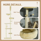 PawHut 6-Tier Floor-to-Ceiling Cat Tree with Scratching Post, Bed & Hammock – Adjustable Cat Tower, Beige