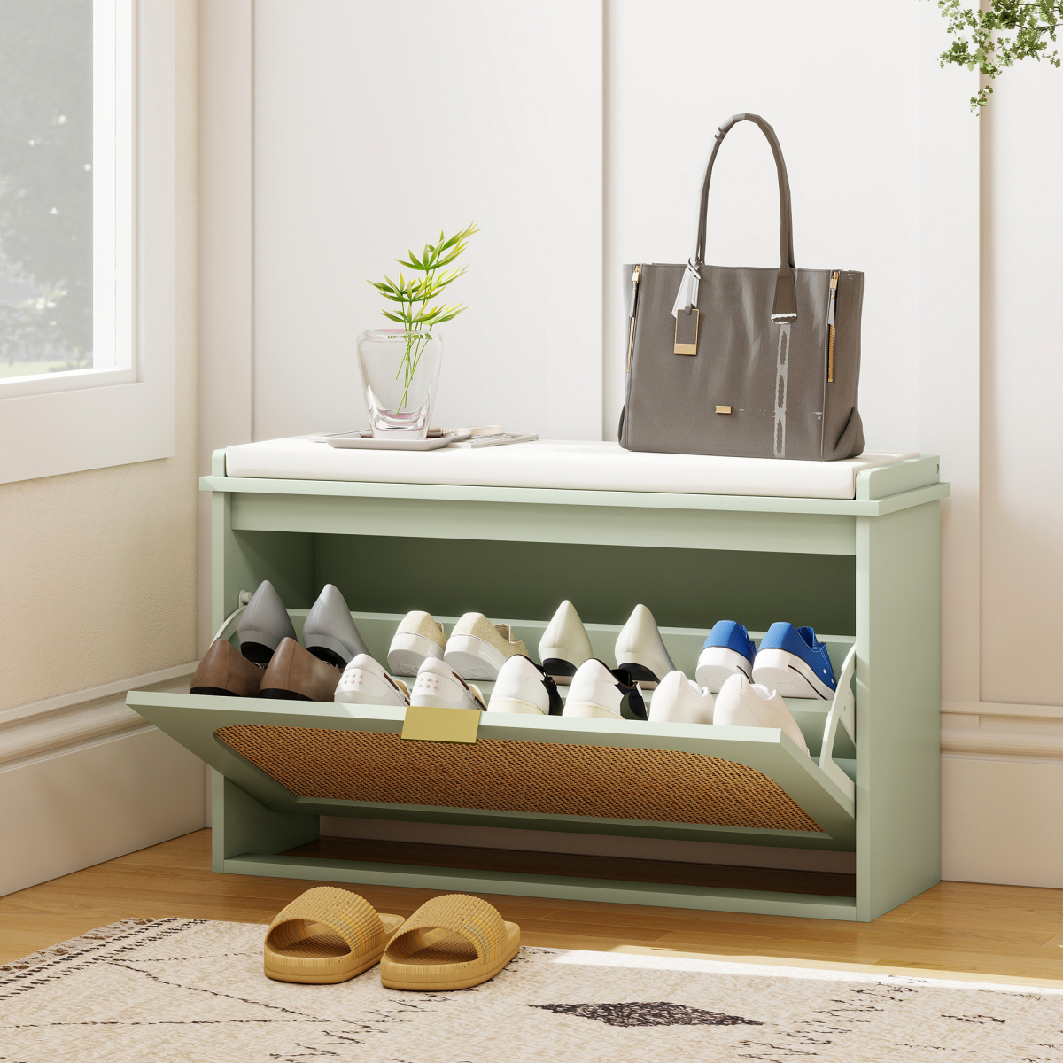 Shoe Storage Bench with Rattan-Accent Flip Drawer & Padded Cushion – Hallway Cabinet for 8 Pairs, Light Green