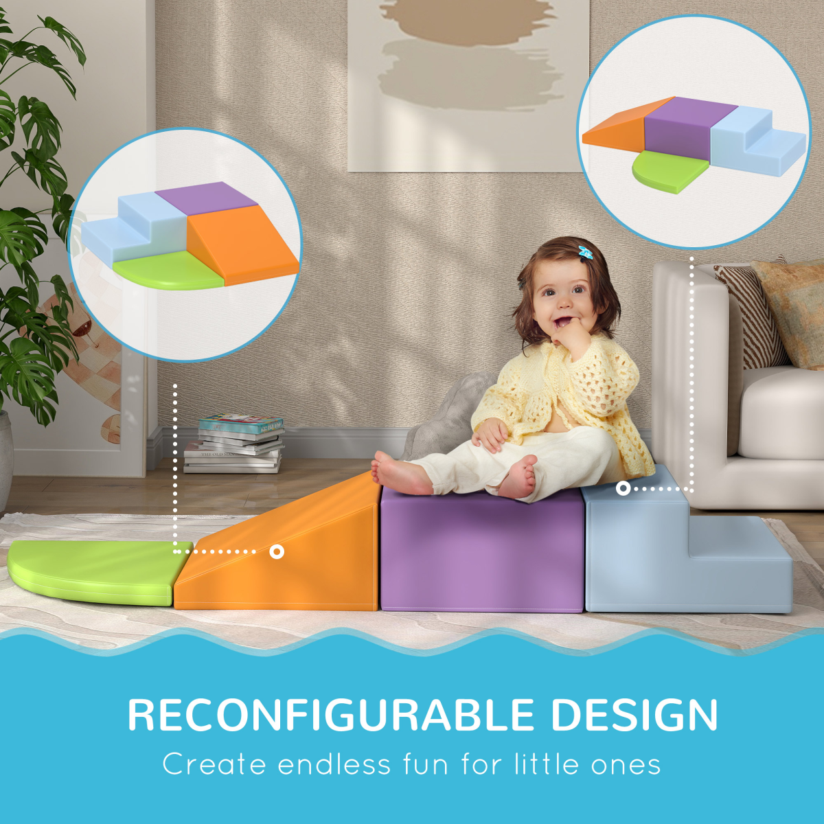 HOMCOM 4 Piece Soft Play Set with Reconfigurable Foam Blocks – Climb, Crawl and Slide Toys for Toddlers