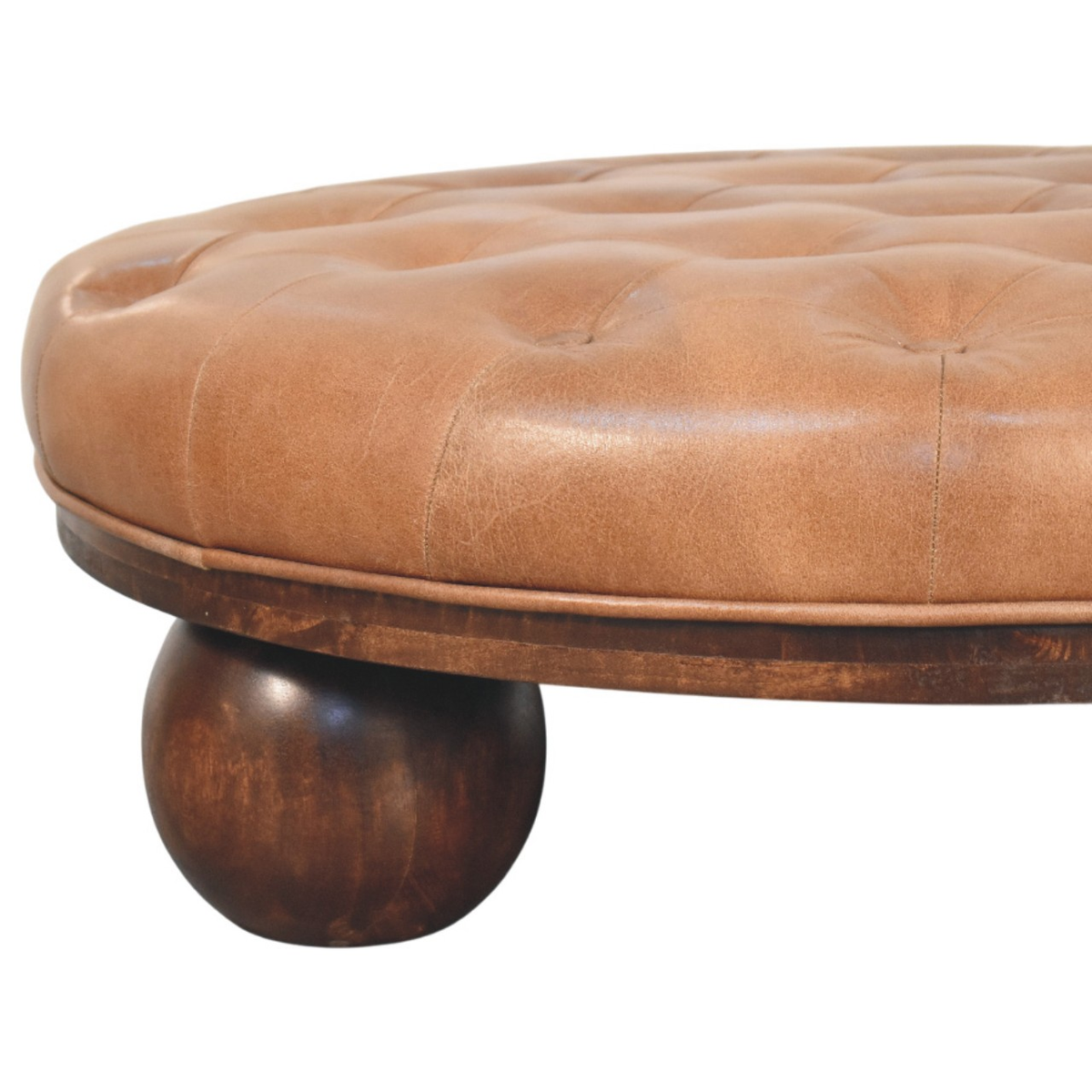 Artisan Furniture Solid Wood Sfera Coffee Table, Brown Leather Tufted Top & Ball Feet – California Walnut