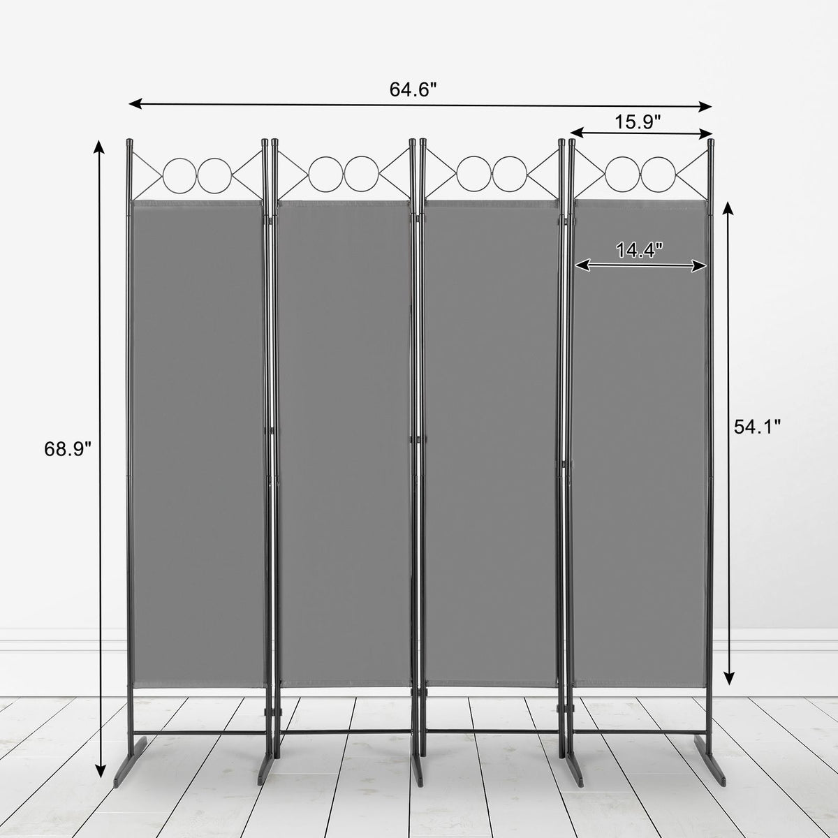 5.7ft 4-Panel Folding Room Divider with Shaped Top – Polyester Fabric Privacy Screen, Steel Frame, Grey